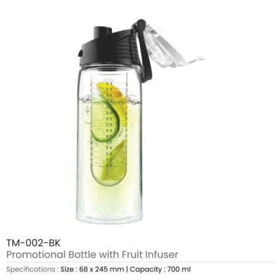 Water Bottle with Fruit Infuser - Transparent with Black Colour Cap