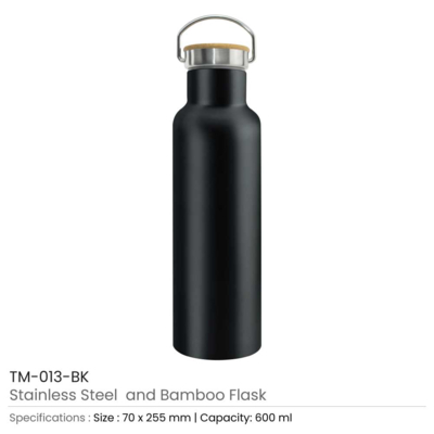 Black Colour Stainless Steel and Bamboo Flask