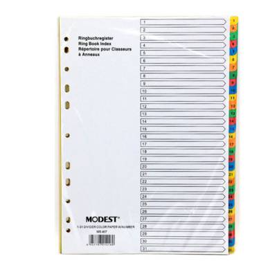 Modest Paper Divider, A4, 1-31 Color With Number, Ms407, 10Sets