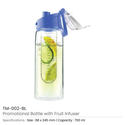 Water Bottle with Fruit Infuser - Transparent with Blue Colour Cap