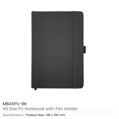 A5 Black PU Notebook with Pen Holder