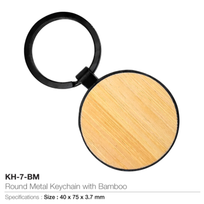 Round Metal Keychain with Bamboo