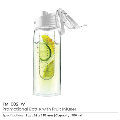 Water Bottle with Fruit Infuser - Transparent with White Colour Cap