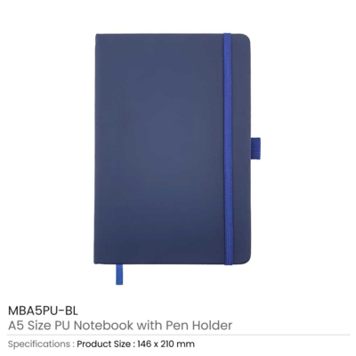 A5 Blue PU Notebook with Pen Holder
