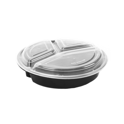 Black Base Round 3-Compartment Container 48 Oz With Lids 150 Pieces