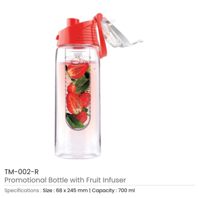 Water Bottle with Fruit Infuser - Transparent with Red Colour Cap