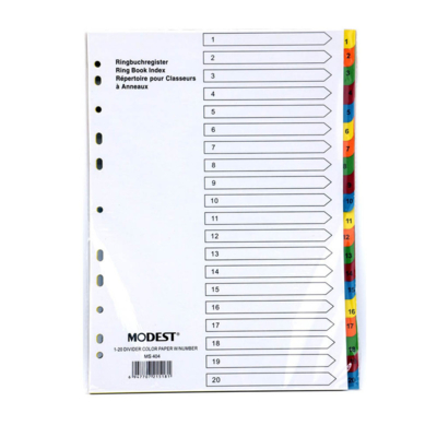 Modest Paper Divider, A4, 1-20 Color With Number, Ms404 , 10Sets