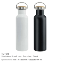 White Colour Stainless Steel and Bamboo Flask